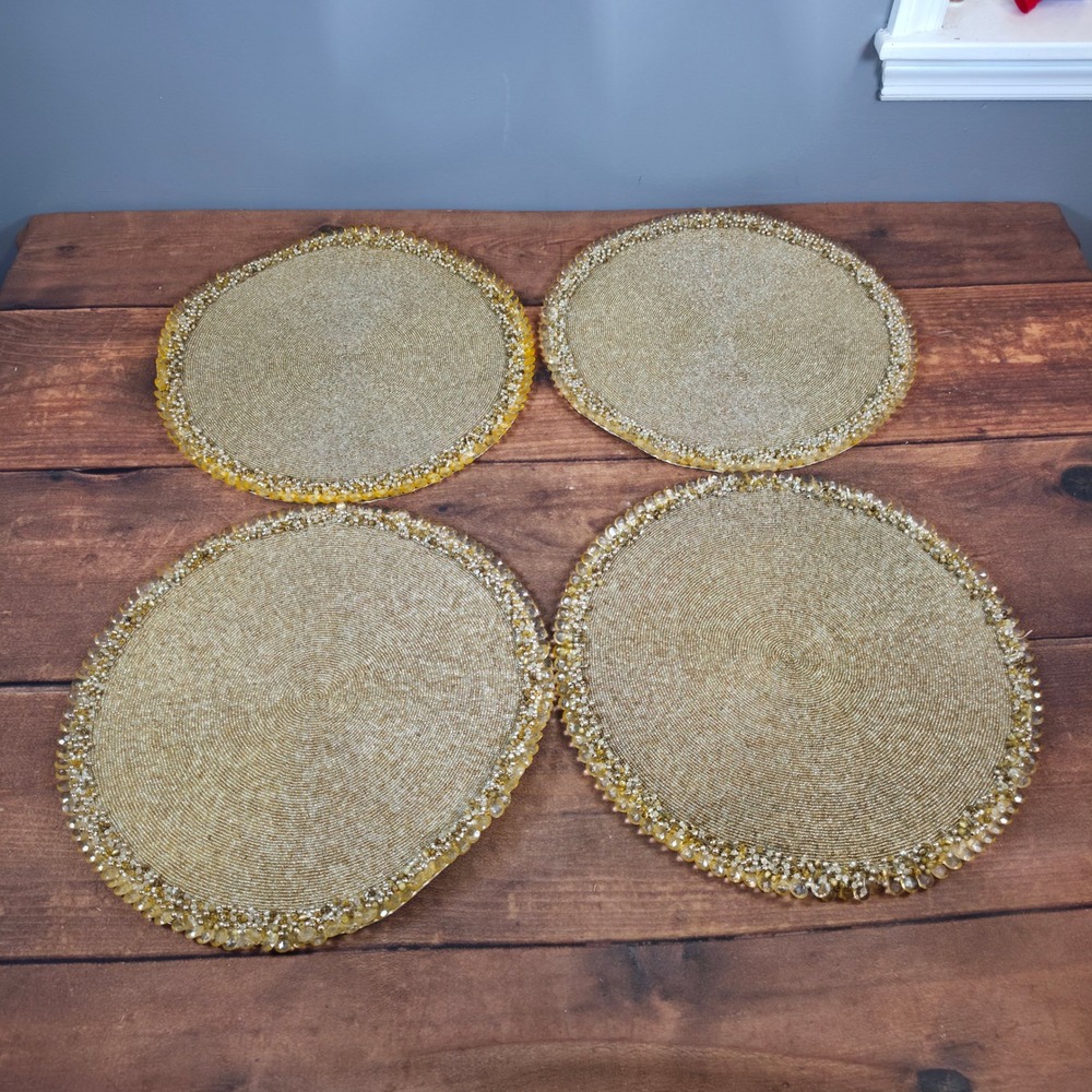 Kim Seybert Beaded Placemats Set of 4 15in Gold New Luxury Table Decor
